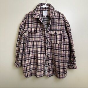 AVEC LES FILLES Plaid Pea Coat Women's Large Oversized Designer Pink & Blue